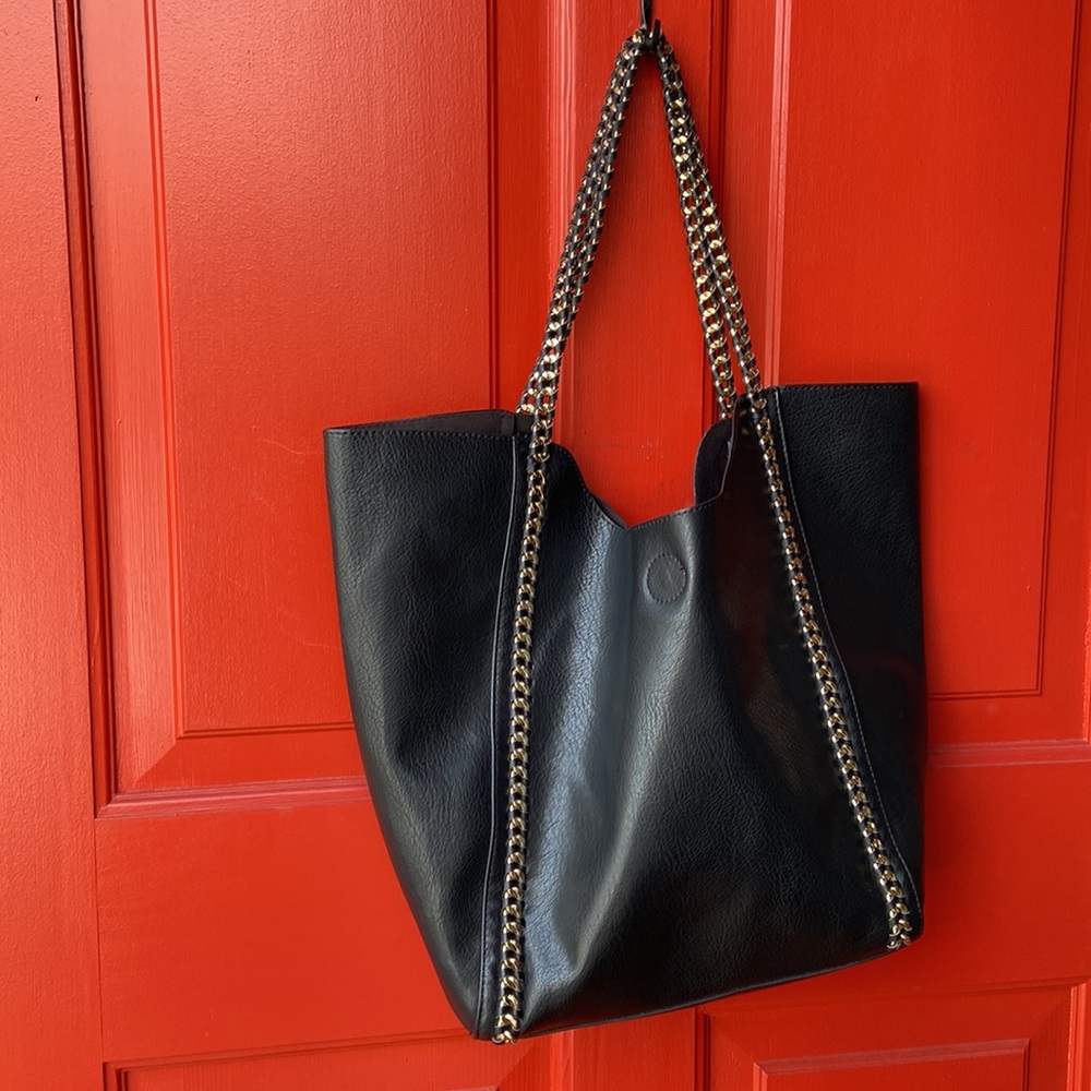 Faux black leather & goldtone chain tote bag w/large inner pouch.